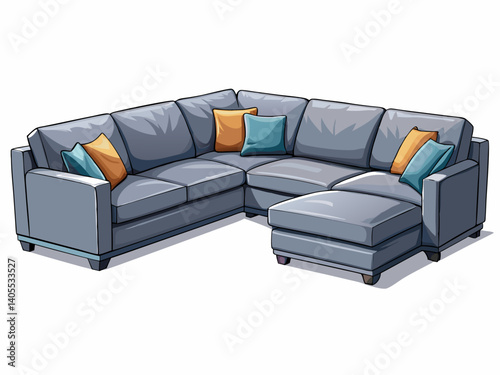 A high-quality vector illustration of a modern gray L-shaped sectional sofa with clean lines and soft cushions, isolated on a white background, minimal and comfortable