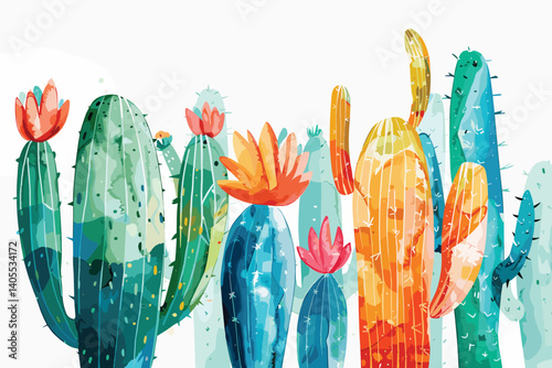 composition of watercolor green cacti, succulents, haworthia on a white background, hand-drawing, greeting card