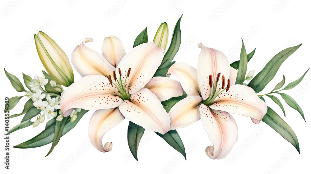 Fototapeta premium Elegant watercolor illustration of white lilies in full bloom, surrounded by lush green leaves and delicate buds, perfect for wedding invitations, floral designs, or natural-themed decor.