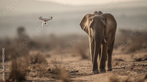 Obraz na płótnie Curious elephant confronted with drone highlights tension between wildlife and expanding surveillance technologies w salonie