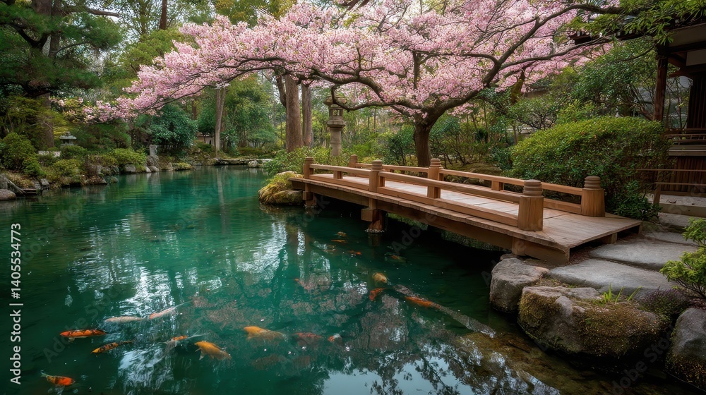 Tranquil garden scene, serene water reflecting cherry blossom trees, peaceful atmosphere perfect for relaxation or meditation. Tranquil garden scene, serene water reflecting cherry blossom trees, peaceful atmosphere perfect for relaxation or meditation.