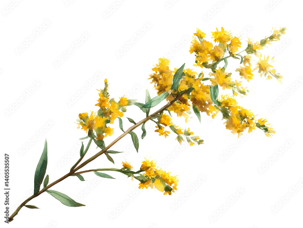 Bright yellow flower branch with green leaves.