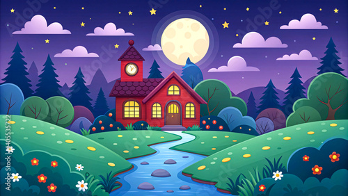 Cute cartoon night landscape with house moon river hills trees and glowing stars in fantasy style illustration for children background