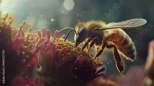 A Honeybee Gathers Pollen from a Beautiful Red Blossom