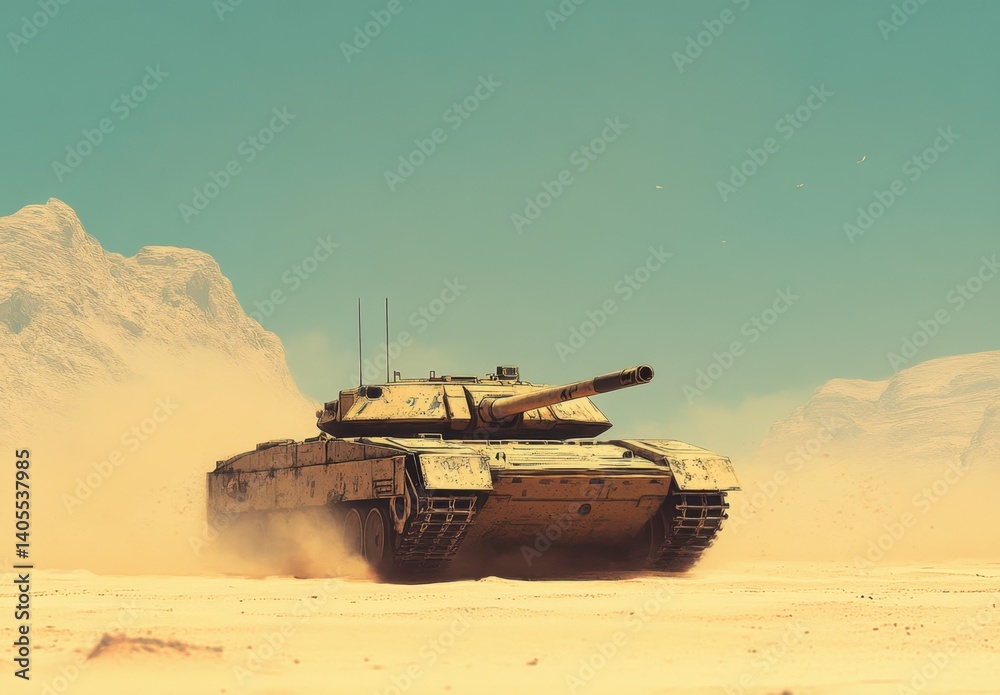 Armored Military Tank Moving Through Desert Landscape with Dust Armored Military Tank Moving Through Desert Landscape with Dust