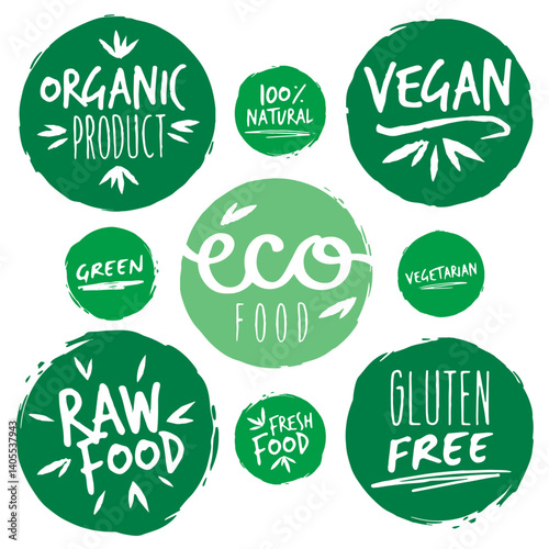 Set of eco food bio organic vego vegan raw food gluten free lacto ovo label tag sign 2