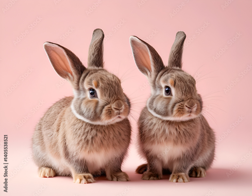 Two baby bunnies side by side on a soft pink backdrop. Bright studio lighting and clean setup make this photo perfect for children's content or pet promotions. Two baby bunnies side by side on a soft pink backdrop. Bright studio lighting and clean setup make this photo perfect for children's content or pet promotions.
