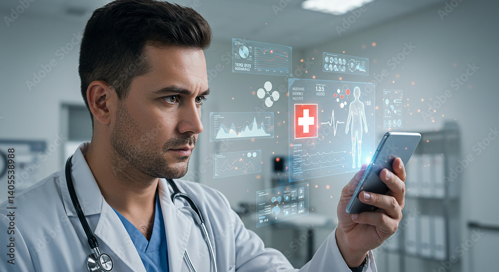 Obraz premium Focused Male Doctor in a White Lab Coat Using a Smartphone to Review a Holographic Digital Medical Interface Featuring Patient Health Data Heart Rate Analytics and Human Anatomy Visualization