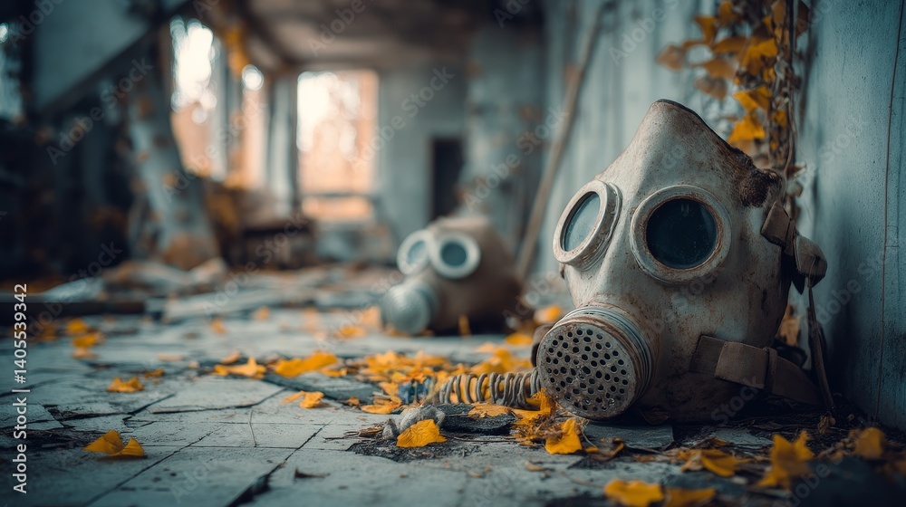 Old gas mask surrounded by autumn leaves in abandoned building symbolizing nature’s return to poisoned zone