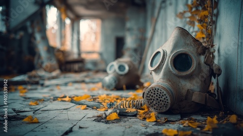 Obraz na płótnie Old gas mask surrounded by autumn leaves in abandoned building symbolizing nature’s return to poisoned zone w salonie