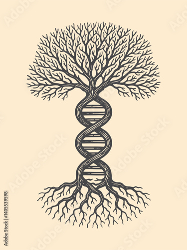 DNA tree with roots and branches, black engraving on light background