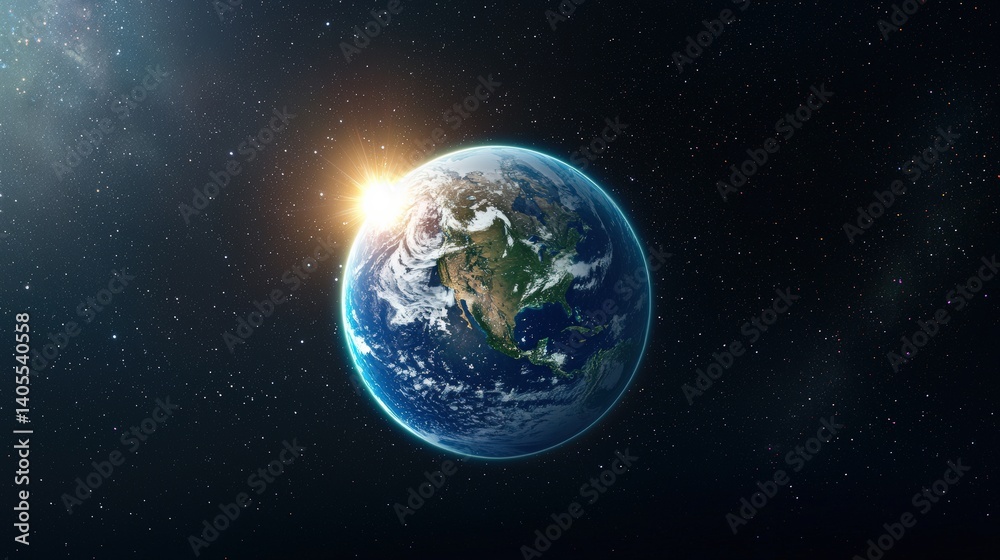 A stunning view of Earth from space with sunlight illuminating the planet, surrounded by a starry backdrop. A stunning view of Earth from space with sunlight illuminating the planet, surrounded by a starry backdrop.