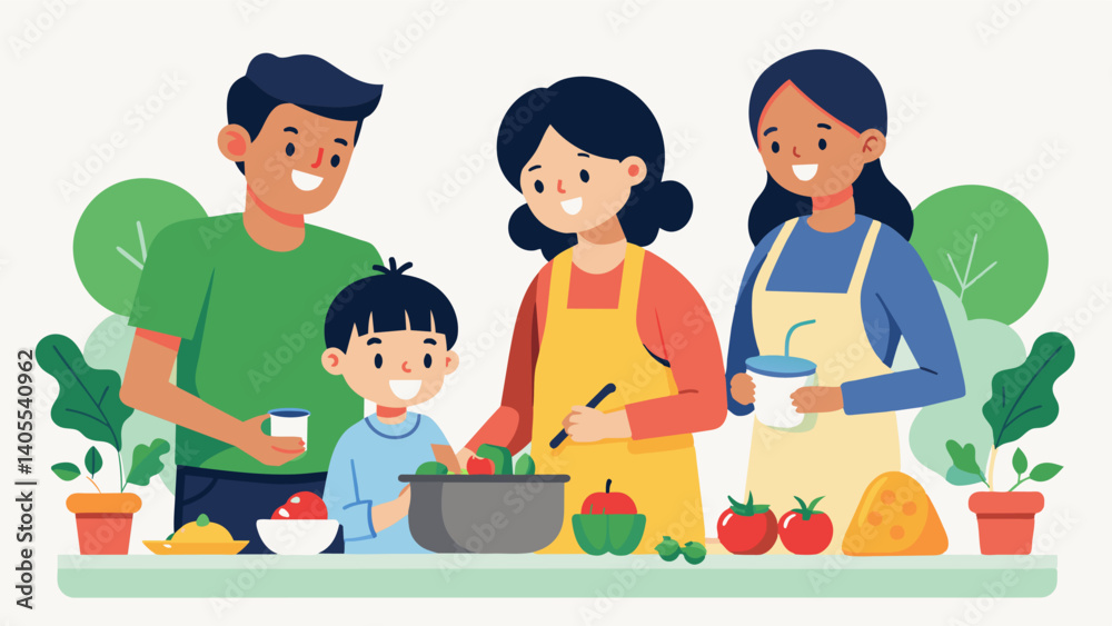 Family members teaming up to prepare healthy and nutritious meals for a family member trying to lose weight.. Vector illustration Family members teaming up to prepare healthy and nutritious meals for a family member trying to lose weight.. Vector illustration