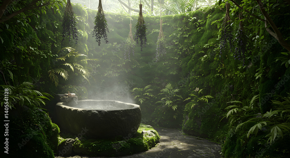 Enchanted Forest Garden With Stone Basin Enchanted Forest Garden With Stone Basin