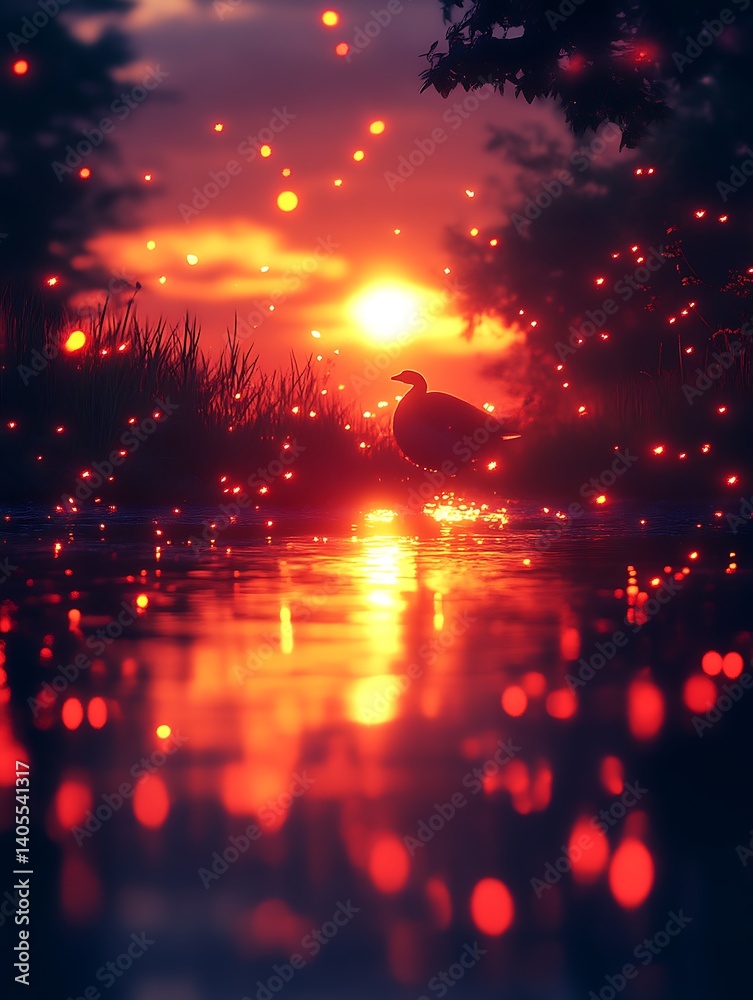 Naklejka premium Duck Silhouette at Sunset on Pond with Magical Fireflies and Reflections