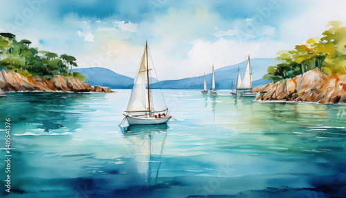 serene watercolor painting captures tranquil scene of sailboats gliding across calm waters surrounded by lush greenery and distant mountains. soft hues evoke sense of peace and beauty