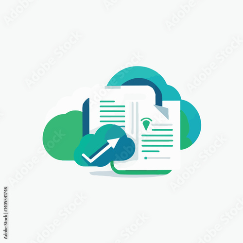  flat vector document icon with cloud symbol and upload arrow, representing remote file sharing