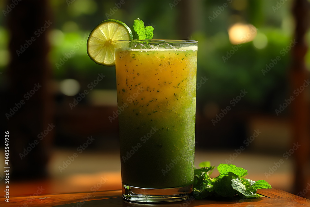 Refreshing healthy mint lime beverage served in a tall glass garnished with a lime slice and mint leaves during a sunny afternoon Refreshing healthy mint lime beverage served in a tall glass garnished with a lime slice and mint leaves during a sunny afternoon