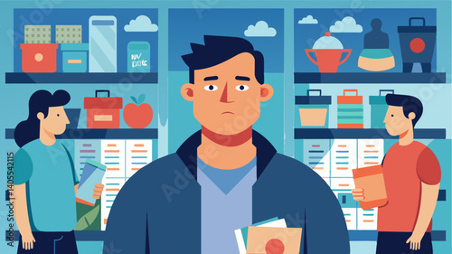 A man standing in line at the grocery store is bombarded by tabloid headlines touting the latest celebrity diet and workout routine leading him to question his own appearance.. Vector illustration