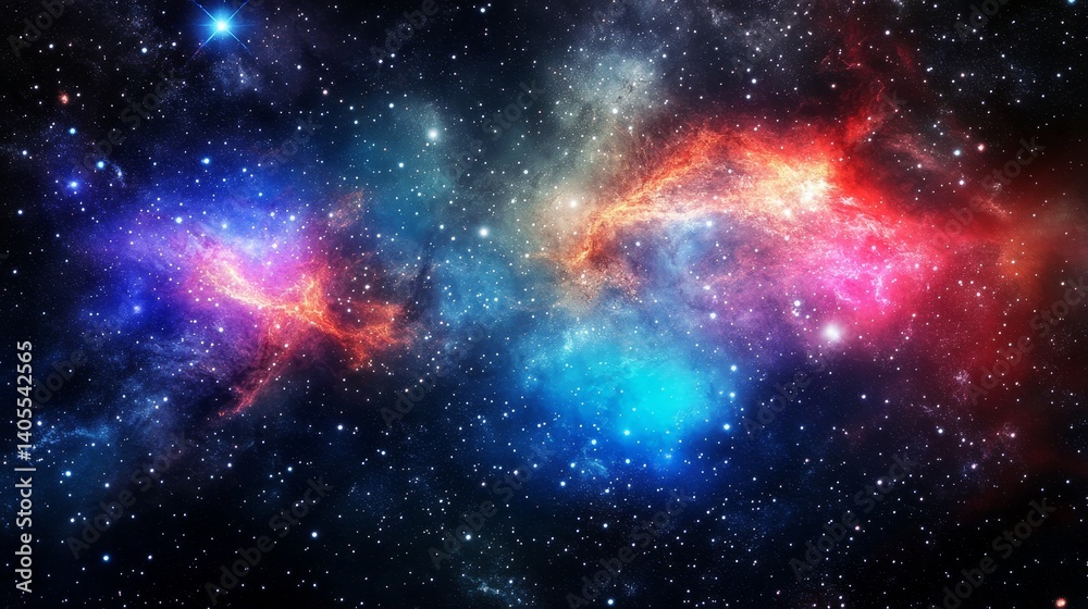 Naklejka premium A cosmic nebula characterized by vibrant colors, swirling gases, and distant stars symbolizes the exploration and wonder of the universe