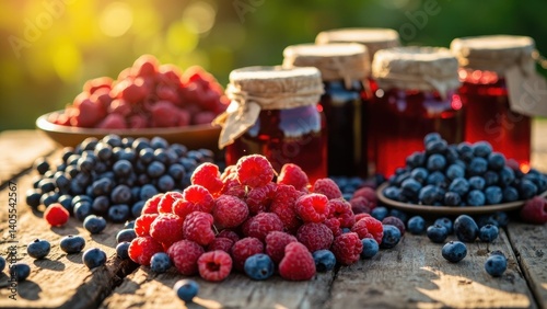 On a rustic wooden table, three piles of fresh berries—blueberries, raspberries, and a mix—sit beside jars of dark red berry jam with cloth covers. Sunlight filters through, evoking warmth and homemad