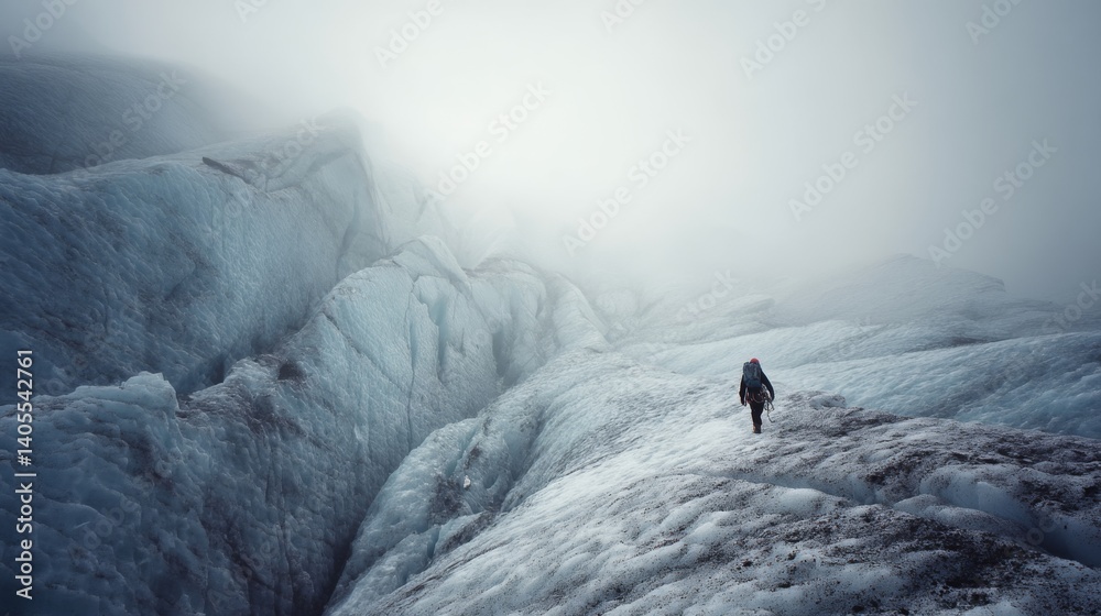 A lone figure traverses a vast, icy glacier under a thick haze, emphasizing solitude and exploration in the cold wilderness.