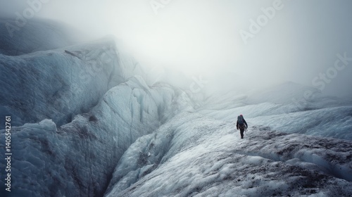 Obraz na płótnie A lone figure traverses a vast, icy glacier under a thick haze, emphasizing solitude and exploration in the cold wilderness. w salonie