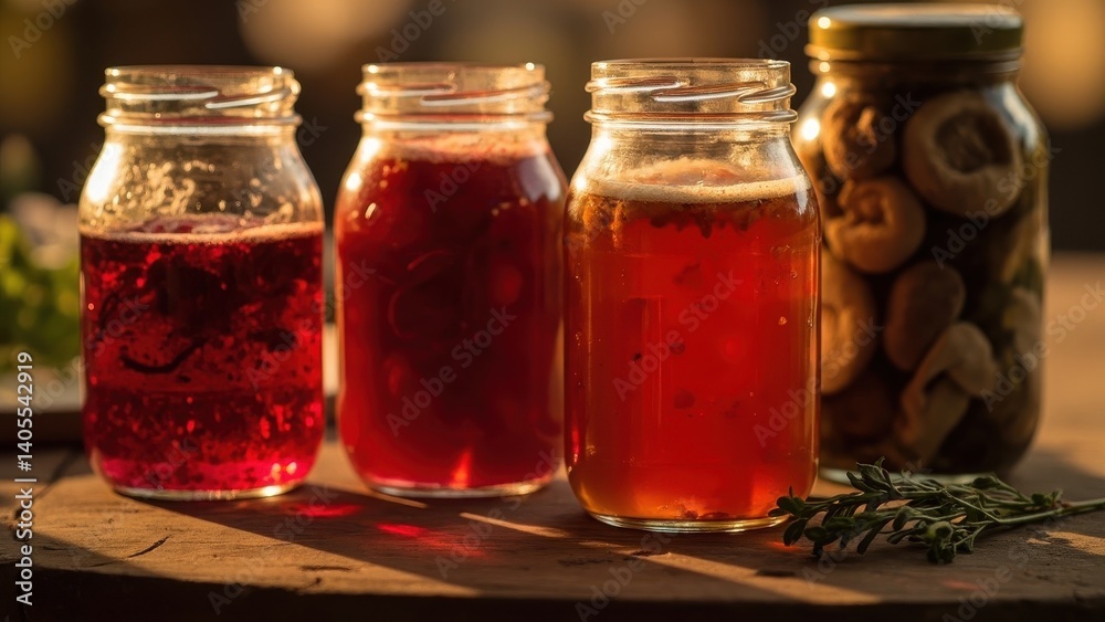 Four glass jars sit on a wooden surface, holding red, orange, and brown preserves, with one jar filled with whole mushrooms. A sprig of fresh herbs adds a rustic, homemade touch to the cozy setting. Four glass jars sit on a wooden surface, holding red, orange, and brown preserves, with one jar filled with whole mushrooms. A sprig of fresh herbs adds a rustic, homemade touch to the cozy setting.