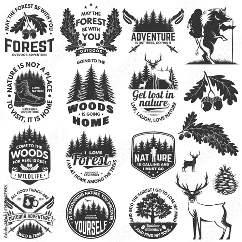 Set of logo, badge design with inspirational adventure quotes. Concept for shirt or logo, print, stamp or tee with oak leaf and acorns, hiking boot, pin forest, coffee or tea mug, Trekking sticks