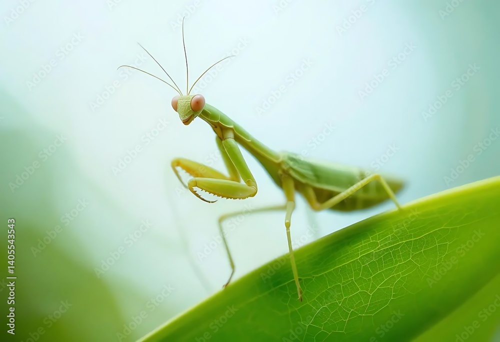 Praying Mantis on Leaf: A Serene Macro Photograph Praying Mantis on Leaf: A Serene Macro Photograph