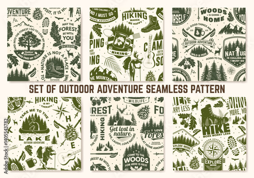 Set of hiking outdoor adventure seamless pattern. Background, wallpaper, seamless pattern with pin forest, hiker, hiking boots, moose in canoe, lake, oak leaf and acorns and mountain. Vector.