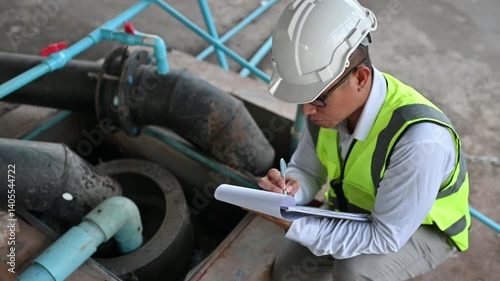 An engineer looks down into a large pipe screening tank to perform a water filtration check