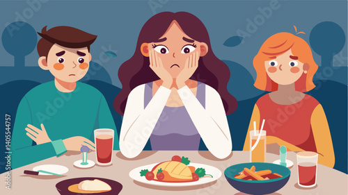 A once happy family dinner is now filled with tension and awkward silences as a teenage girl struggles to hide her compulsion to eat more than anyone else shrouded in shame and. Vector illustration