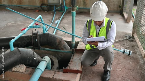 An engineer looks down into a large pipe screening tank to perform a water filtration check