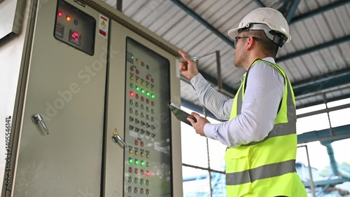 A male engineer is checking the operation of a machine through a control cabinet in a large waterworks plant