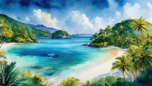 serene watercolor painting captures tropical beach scene with lush green palm trees and vibrant blue waters. gentle waves lap against shore bright sky filled with fluffy clouds, evoking sense