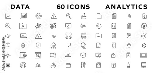 Data analysis web icon set in line style. business intelligence, data mining, Containing database, computing, data processing, research network collection