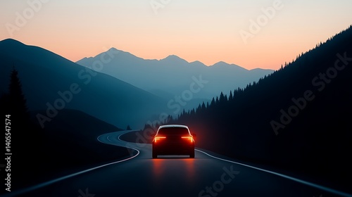 Electric Vehicle Driving on a Scenic Mountain Highway at Sunset