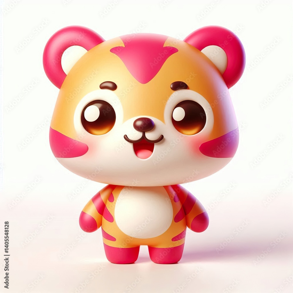 A cheerful 3d anthropomorphic tiger with a rounded body, short legs, and big ears, featuring bright, pink and gold colors with smooth depicting a friendly, smiling face A cheerful 3d anthropomorphic tiger with a rounded body, short legs, and big ears, featuring bright, pink and gold colors with smooth depicting a friendly, smiling face