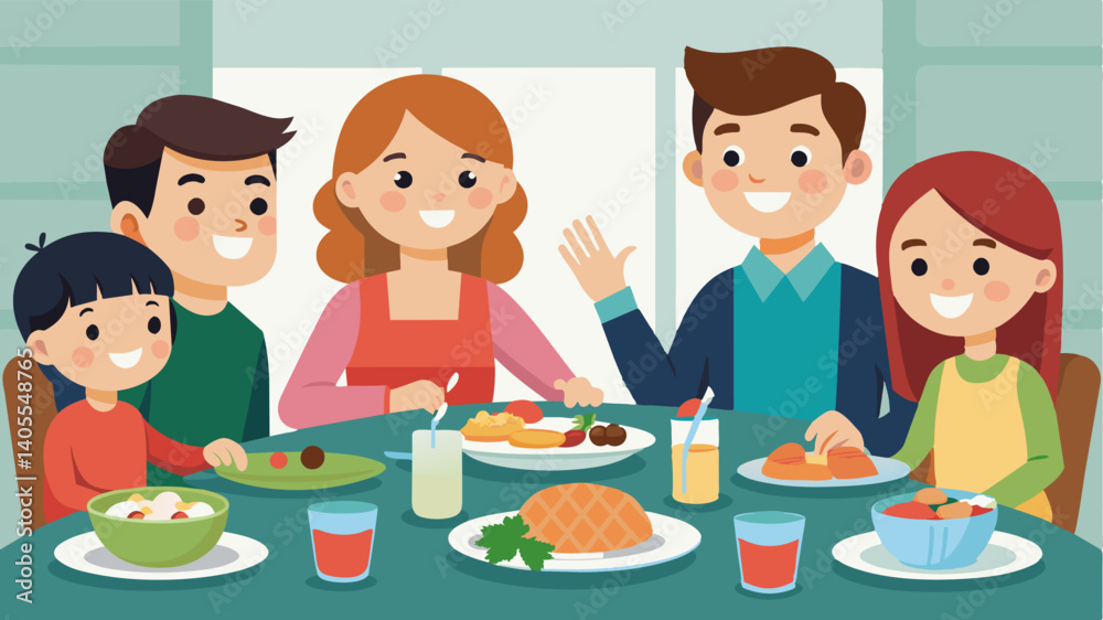 A family gathered around the dinner table smiling and enjoying a homecooked meal filled with wholesome ingredients.. Vector illustration A family gathered around the dinner table smiling and enjoying a homecooked meal filled with wholesome ingredients.. Vector illustration