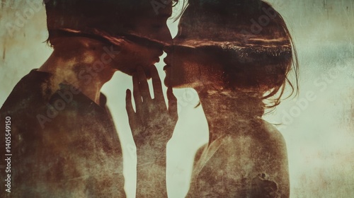 Romantic silhouette of young couple in intimate moment