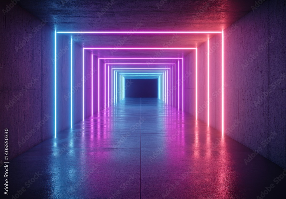 Fototapeta premium Neon Lights Illuminate Futuristic Tunnel with Reflection on Floor