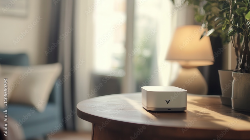 White square device on wooden table in sunlit living room. White square device on wooden table in sunlit living room.