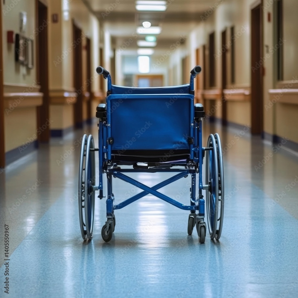 Empty hospital hallway with wheelchairs Empty hospital hallway with wheelchairs