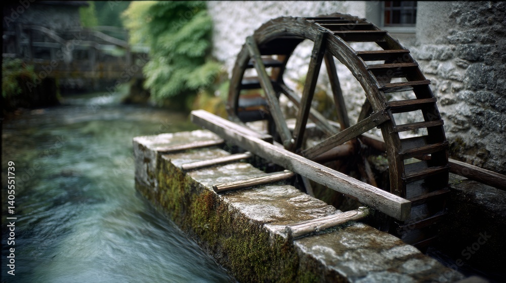 Rustic water mill by a serene stream, its wooden wheel turning with the gentle flow, capturing a tranquil countryside scene. Rustic water mill by a serene stream, its wooden wheel turning with the gentle flow, capturing a tranquil countryside scene.