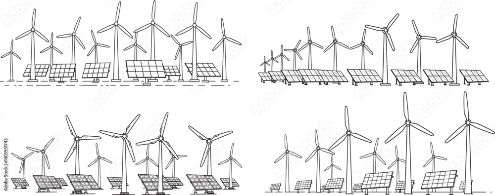 Fototapeta premium Single continuous line drawing of Renewable energy windmills and solar panels