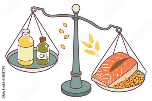 90 balanced nutrition, omega-3 vs omega-6, fish oil and olive oil bottles, salmon fillet, corn and soybeans, metal balance scale, health equilibrium, dietary fats comparison, photorealistic, studio li