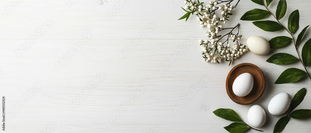 Fototapeta premium Easter Eggs in Wooden Bowl Surrounded by Flowers and Space for Text. Flat Lay Top View