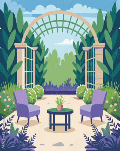 A small seating area surrounded by trellises of fragrant herbs encouraging visitors to relax and take in the sights and smells of the flourishing garden.. Vector illustration