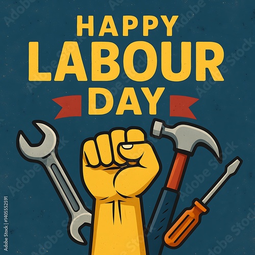 Happy Labour Day Poster Design with Tools and Fist